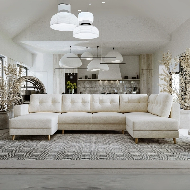 Narożnik U-kszałtny Gwen w stylu skandynawskim z funkcją spania Narożnik U-kszałtny Gwen w stylu skandynawskim z funkcją spania