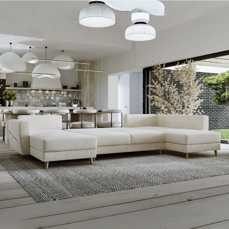 Narożnik U-kszałtny Gwen w stylu skandynawskim z funkcją spania Narożnik U-kszałtny Gwen w stylu skandynawskim z funkcją spania