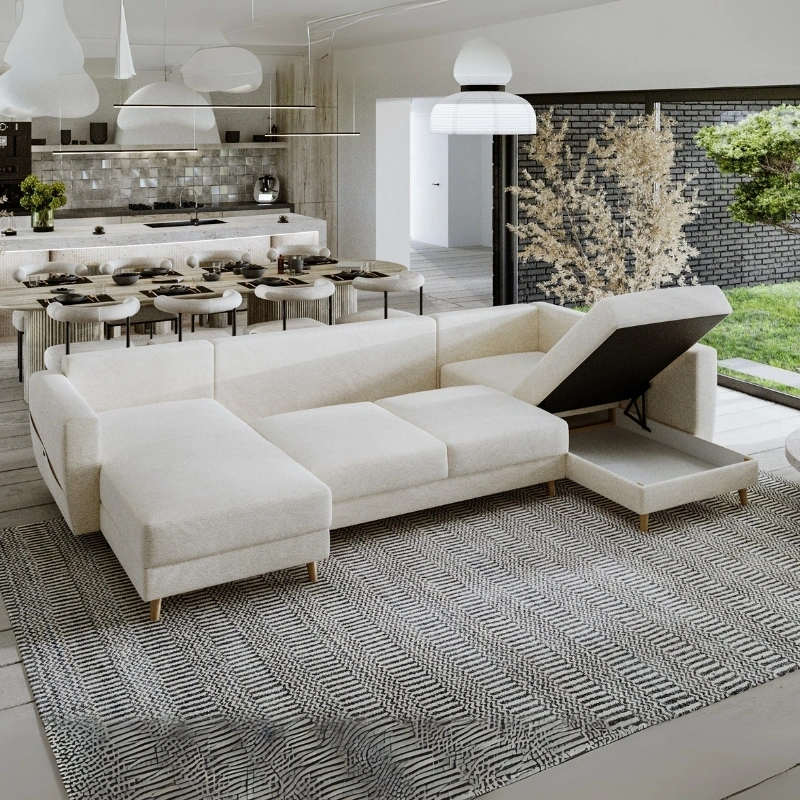 Narożnik U-kszałtny Gwen w stylu skandynawskim z funkcją spania Narożnik U-kszałtny Gwen w stylu skandynawskim z funkcją spania