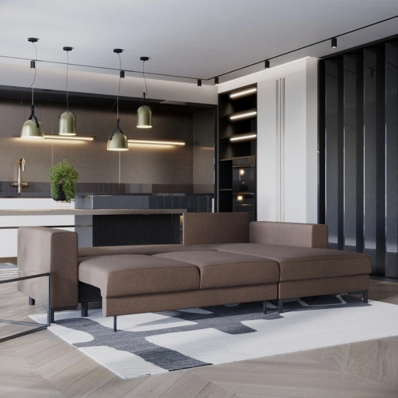 Elegancki narożnik L-kształtny Harvey z funkcją spania i pojemnikiem Elegancki narożnik L-kształtny Harvey z funkcją spania i pojemnikiem