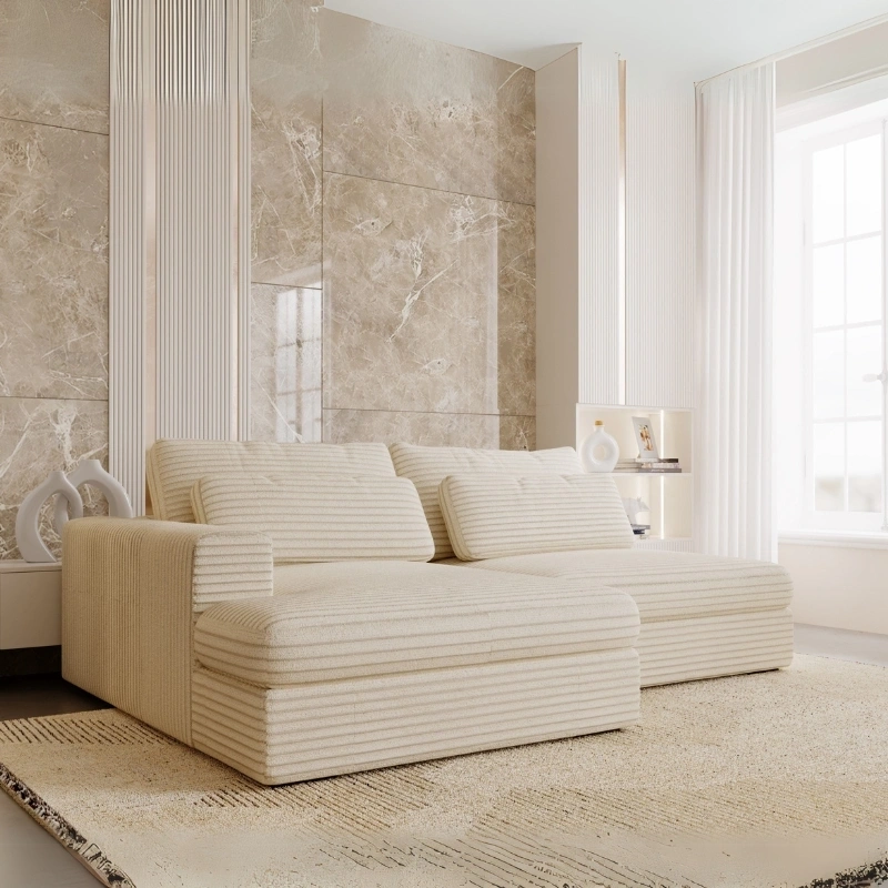 Narożnik w stylu Japandi Leida L z funkcją spania i pojemnikiem