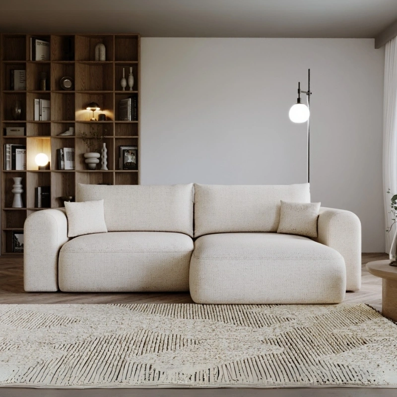 Narożnik w stylu Japandi Next L z funkcją spania i pojemnikiem na pościel