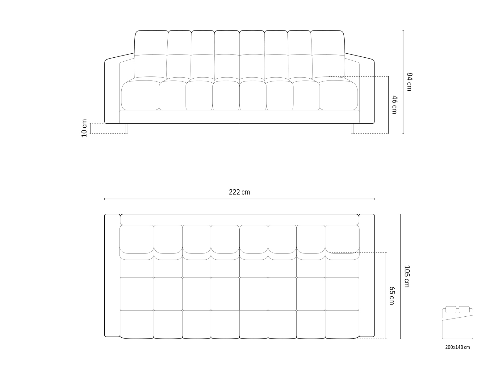 Sofa aksamitna 3 osobowa Bali z funkcją spania - wymiary