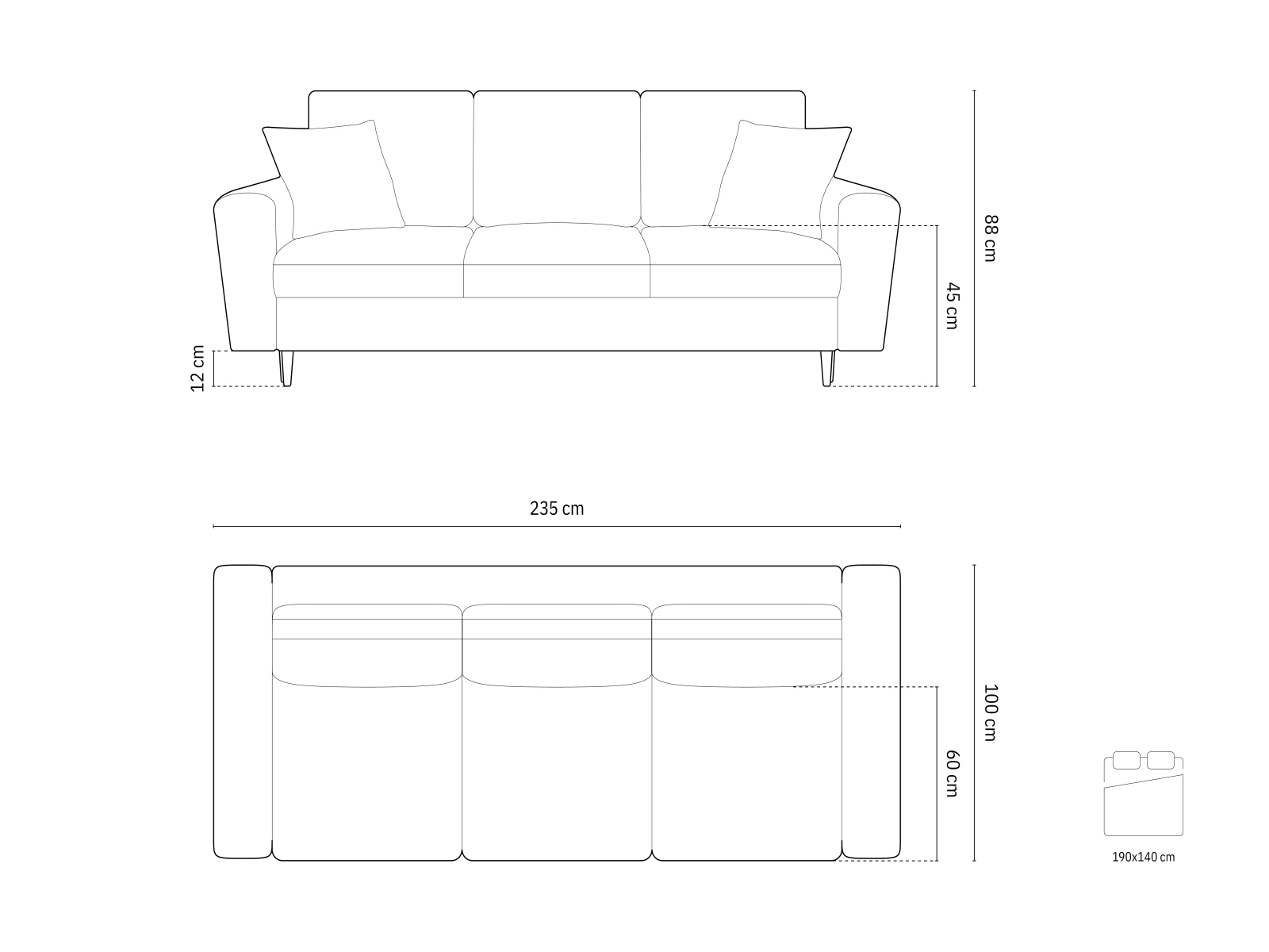 Sofa aksamitna 3 osobowa Kyoto - wymiary